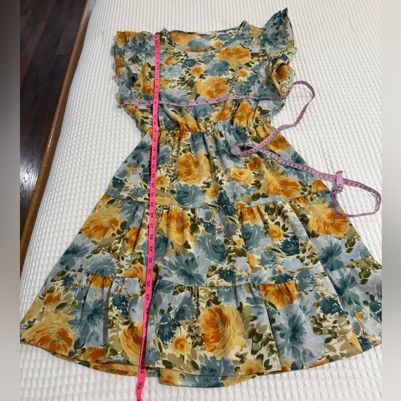 Les Amis Blue and Yellow Flowy Feminine Floral Print Midi Dress - Size M - Picture 2 of 5